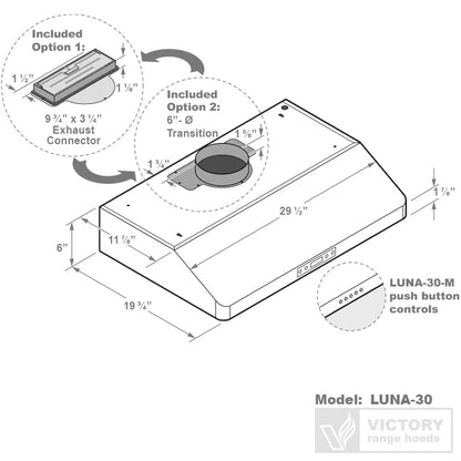 30 Inch 600 CFM Under Cabinet Range Hood - VICTORY Luna