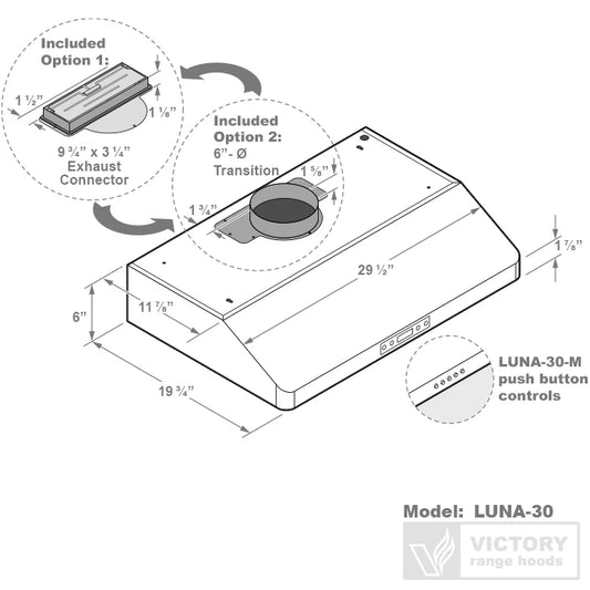 30 Inch 600 CFM Under Cabinet Range Hood - VICTORY Luna